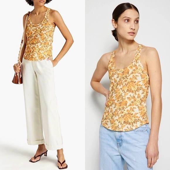 NWT JONATHAN SIMKHAI Retro Floral Print Organic Cotton Scoop Neck Tank Top L - Picture 1 of 7